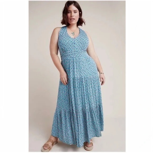 Maeve by Anthropologie Blue Mabel Tiered Halter Maxi Dress Size Small Coastal - Picture 1 of 12